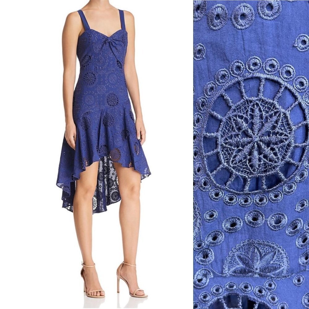 Nwt Parker Donna Embroidered Eyelet Blue High Low Midi Dress Size 4 Sleeveless